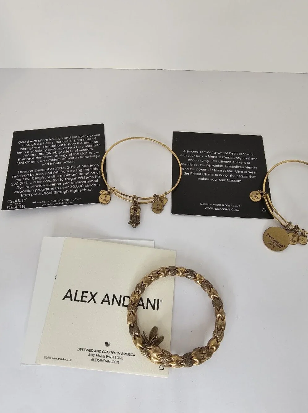 Alex and Ani #3 Gold Tone, Ode to the Owl, Friend Charm & Woven Bracelet Bangles